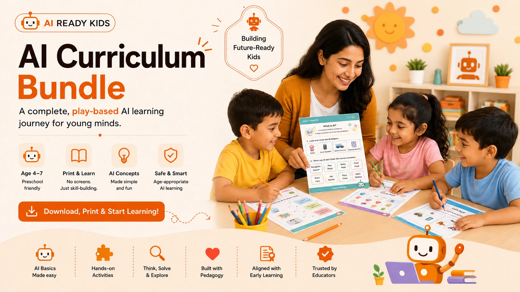 Teacher and preschool children using AI Ready Kids worksheets in a classroom